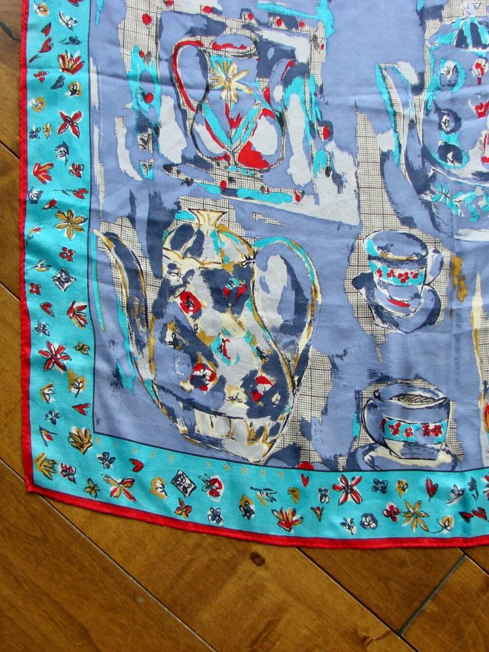 Vintage Perry Ellis 100% Silk Scarf Hand Rolled Japan Teapots Teacups Floral - Picture 13 of 15